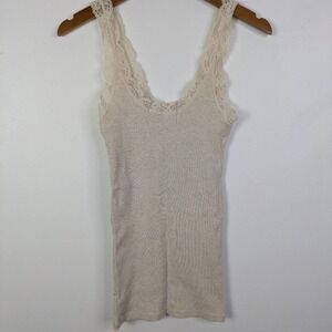 Lace Trim Tank Top Cami S/M Ribbed Cream Elevated Basic Coquette Y2K